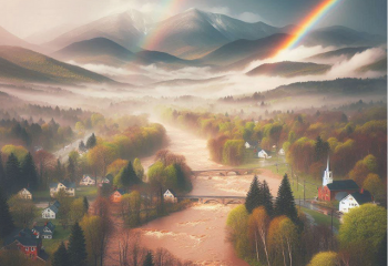 painterly image of double rainbow in a flooded valley