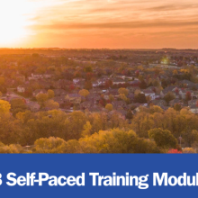 Photo of sun setting over a town. "Governing All with Skill" "Where leadership meets wisdom" "8 self-paced training modules"