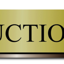 A gavel, a small model of a house, and the word AUCTION