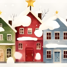 watercolor of snowy village buildings