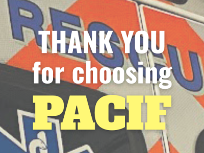 the words "Thank You for choosing PACIF" superimposed on photo of the back of a rescue vehicle