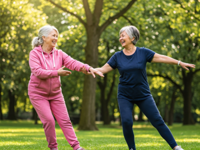 two women exercising in a park