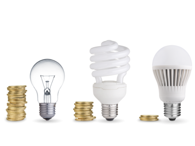 photo of incandescent, fluorescent, and LED lightbulbs