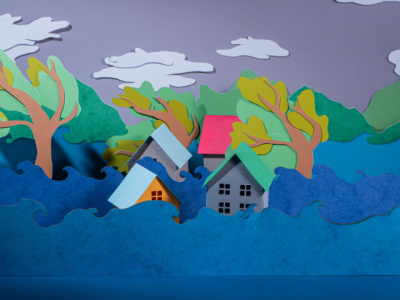 illustration of homes and trees with high flood waters