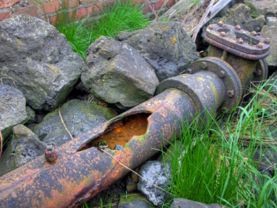 rusted water pipe with hole laying on grass with rocks surrounding it