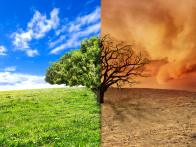 Crafted photo of a single tree with the left half watered and healthy in a temperate climate and the right half dry and dying in a dusty desert climate.