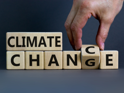 Hand turning wooden block to make "Climate Change" read "Climate Chance"