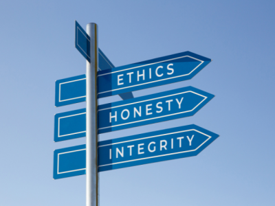 street sign post showing Ethics Honesty Integrity all pointing in the same direction
