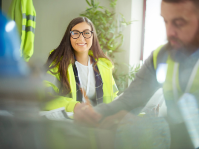 a female apprentice reviews plans with her collegue