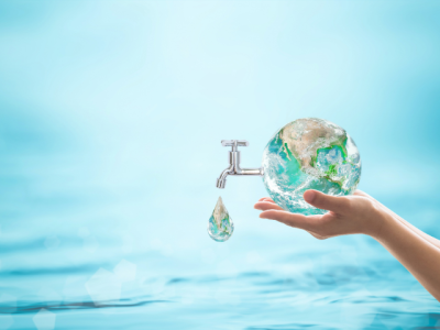 hands holding green planet globe with water spigot and drop and blue ocean background
