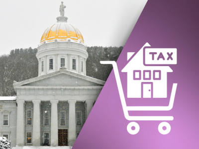 graphic of "TAX" and simple house in a shopping cart all laid over photo of Vermont State House
