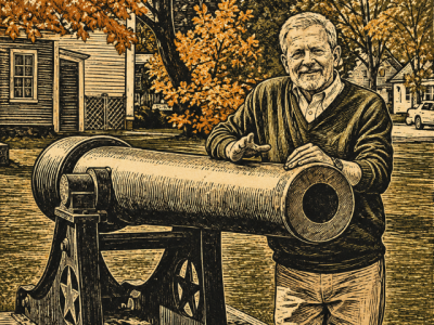 photo of Howard Coffin beside a Civil War era cannon, rendered in a woodcut artistic style