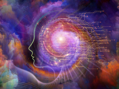 face profile outline overlaid with system diagram