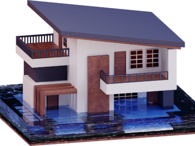 House with glass box at base representing flood waters