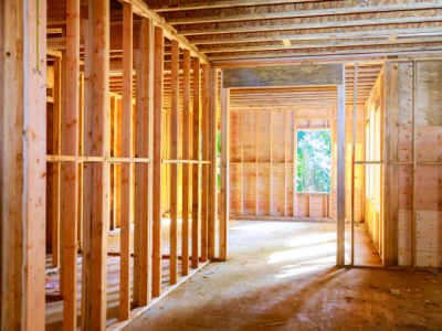 photo of interior of wood-frame house being built