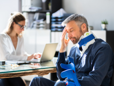 photo of man with neck brace and crutch (to imply the need for short-term disability insurance)