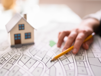 photo of hand holding pencil near a model house on a residential planning map