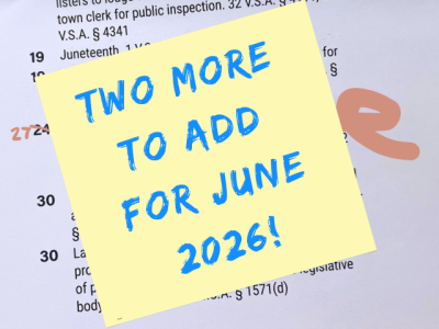 "TWO MORE TO ADD FOR JUNE 2026" written on sticky note on the wall calendar