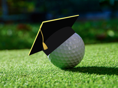 altered photo of a mortarboad hat on a golf ball