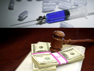 photos of opioids, gavel, and money