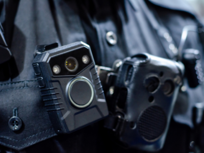 photo closeup of body-worn camera being worn