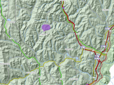 Detail of a map of Vermont zoomed in on Pomfret (southwest of I-89, near I-91)