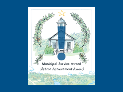 Large exclamation point superimposed on drawing of a Vermont town hall, surrounded by two ancient-Olympics-style olive boughs, "Municipal Service Award", and "Lifetime Achievement Award"