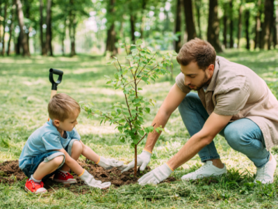 father and son planting a tree