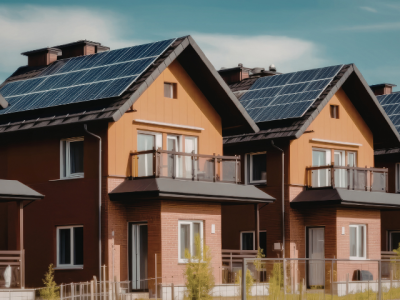 two 2-story apartment buildings with solar panels on the roof