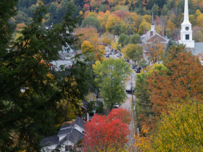 photo from above the main street in a Vermont village 