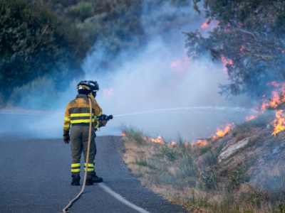 two firefighters putting out a roadside fire