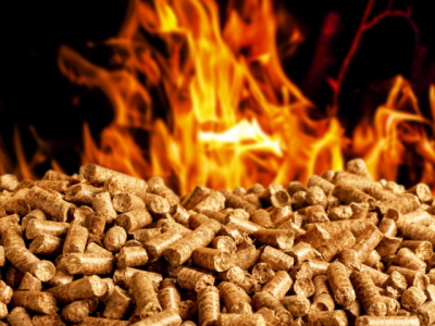 wood pellets in front of a fire