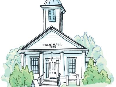 Hand-drawn illustration of the Town Hall in a small Vermont town