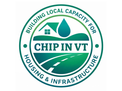 logo for CHIP IN VT with a house, a large drop of water, and a road, encircled by the words Building Local Capacity for Housing & Infrastructure