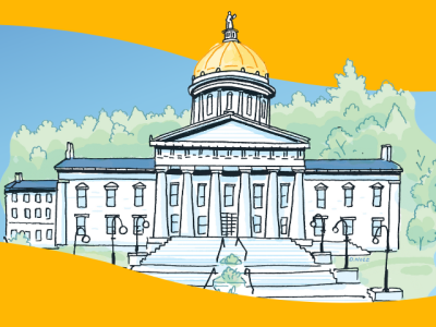 Drawing of VT Statehouse with yellow swooshes