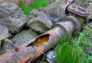rusted water pipe with hole laying on grass with rocks surrounding it