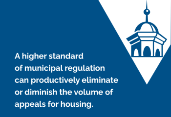VLCT logo with the words "A higher standard  of municipal regulation  can productively eliminate  or diminish the volume of appeals for housing." 