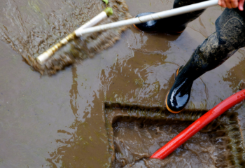volunteer using squeegee to move dirty floodwaters to drain