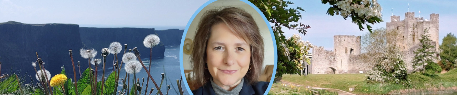 headshot of Joann superimposed on her photos of Ireland's Cliffs of Moher and Trim Castle