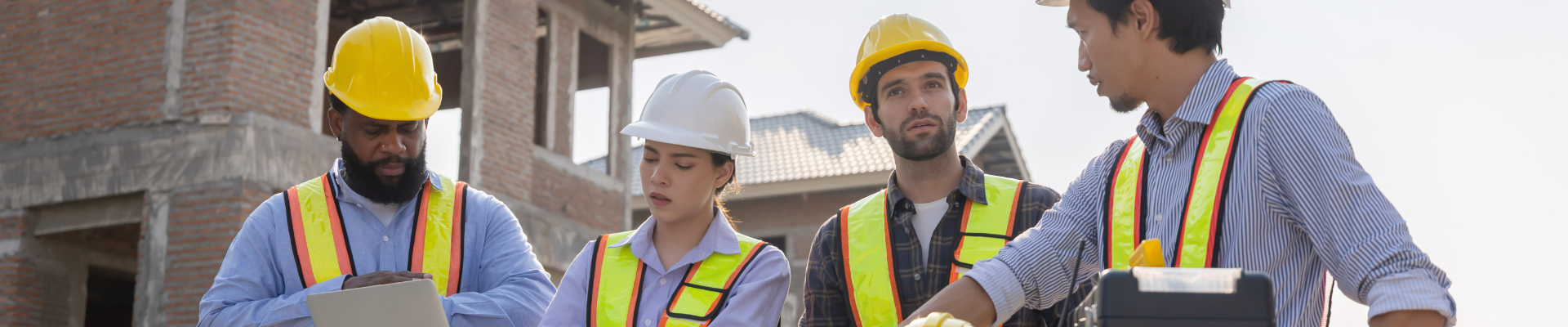 four people collaborating on a housing project at a construction site