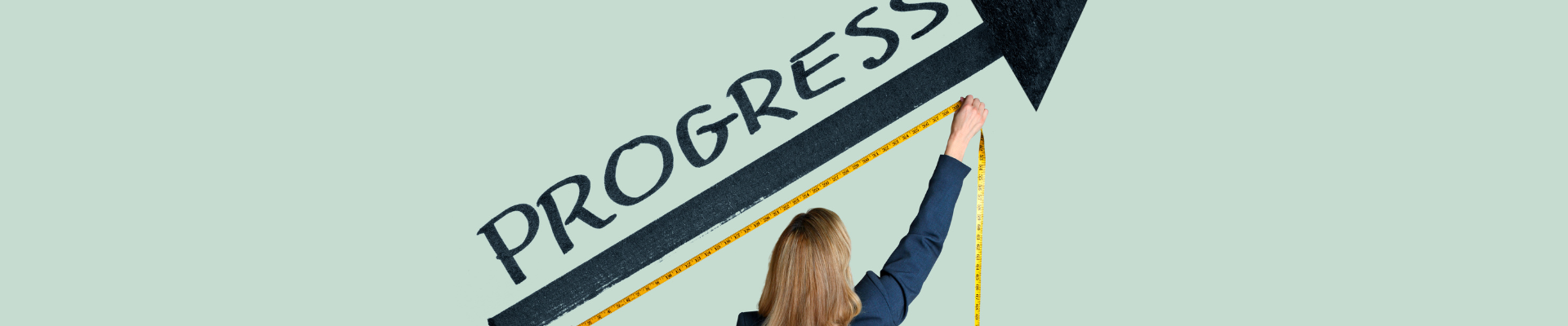 woman holding tape measure and measuring an upward pointing line with "progress" above it
