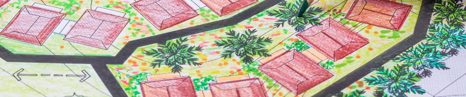 plan depicting houses, roads, and landscaping