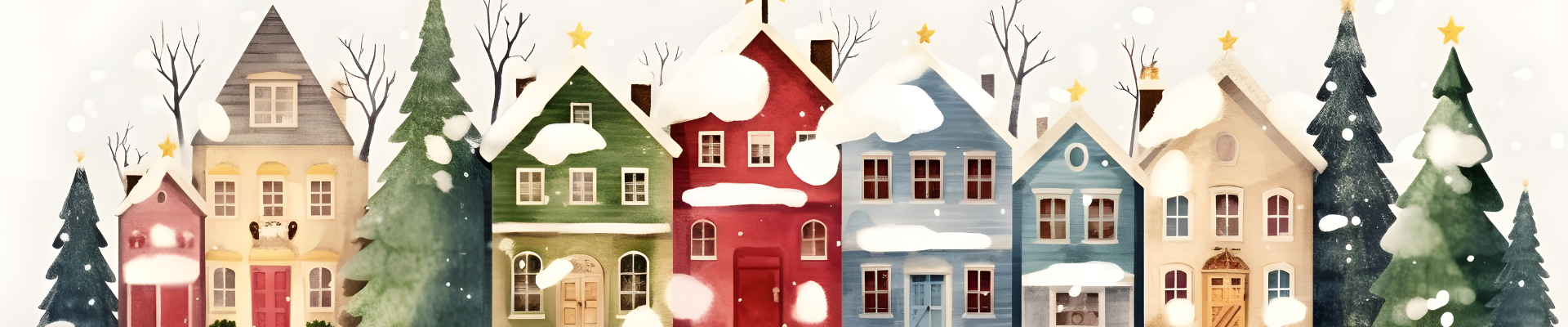 watercolor of snowy village buildings