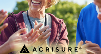 closeup photo of athletic coach's smile and team members' hands clapping; Acrisure logo at center bottom