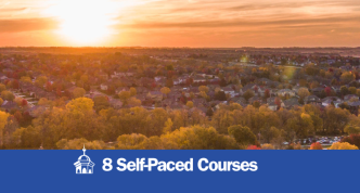 Photo of sun setting over a town. "Governing All with Skill" "Where leadership meets wisdom" "8 modules"