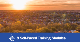 Photo of sun setting over a town. "Governing All with Skill" "Where leadership meets wisdom" "8 self-paced training modules"