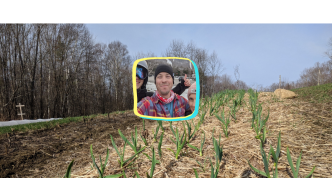 Photo: rows of garlic plants and inset image of Jeremy