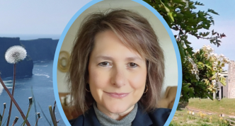 headshot of Joann superimposed on her photos of Ireland's Cliffs of Moher and Trim Castle