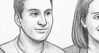 sketch of five people at a table talking