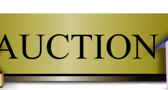 A gavel, a small model of a house, and the word AUCTION